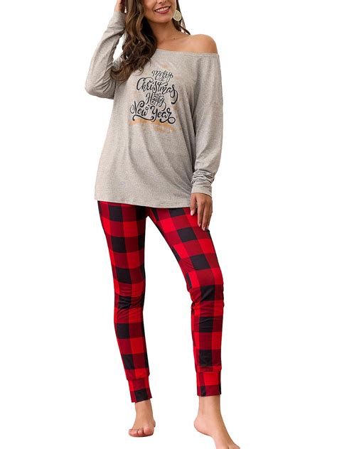 Plus Size Women Christmas Pajamas Matching Sets Long Sleeve Tops+Plaid ...