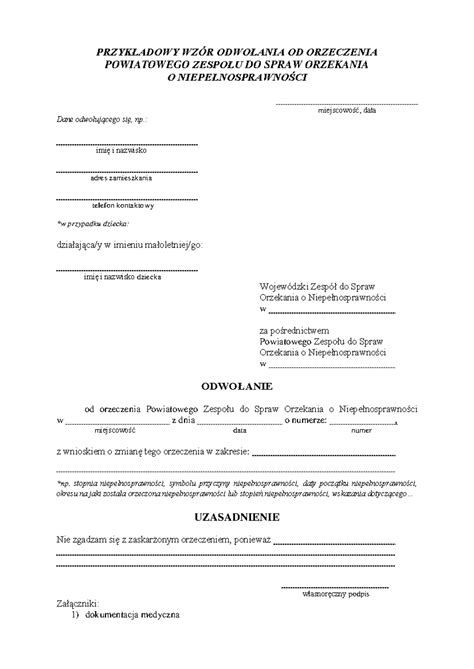 Przykładowy Wzór Odwołania od Orzeczenia o Niepełnosprawności - Studocu