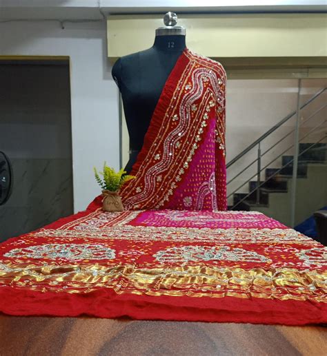 Pink Red Shaded Leheriya Exclusive Pure Gaji Silk Heavy Gota Patti Work ...
