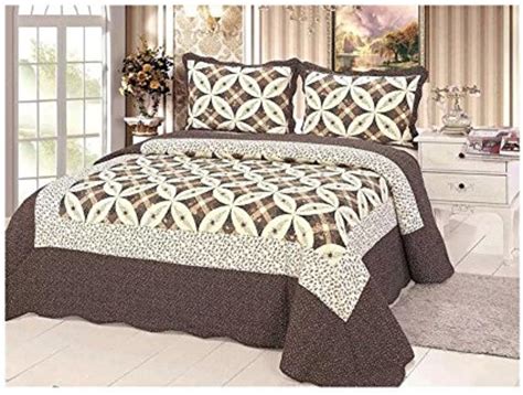 3 Piece 100% Cotton Quilt Set Printed Quilted Bedspread Queen Brwn 9330 ...