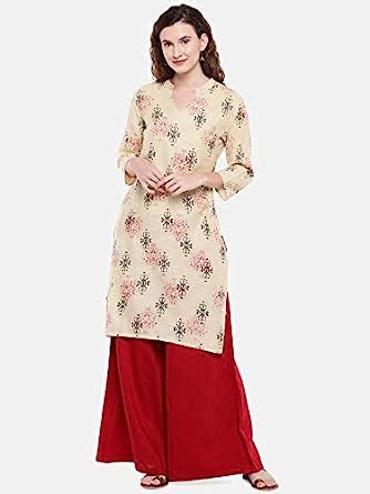 Buy Globus Women Beige Woven Design Straight Kurta at Amazon.in