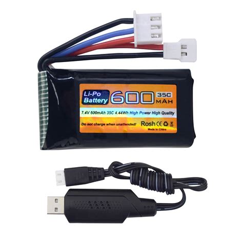 7.4V 2S 35C 600mAh Molex Plug Lipo Battery and USB Charger Cable ...