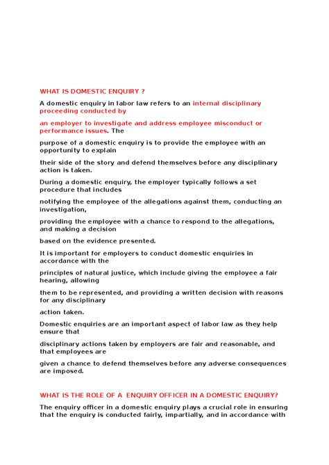 Domestic Enquiry: Understanding Roles & Procedures in Labor Law - Studocu