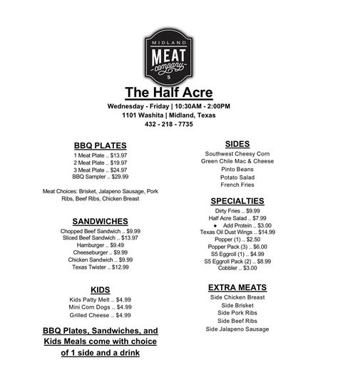 Menu at The Half Acre BBQ, Midland