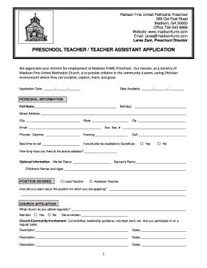 Fillable Online Preschool Teacher Application (2) - madisonfumc.com Fax ...