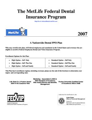 Fillable Online opm federal metlife dental 2007 rates opm form Fax ...