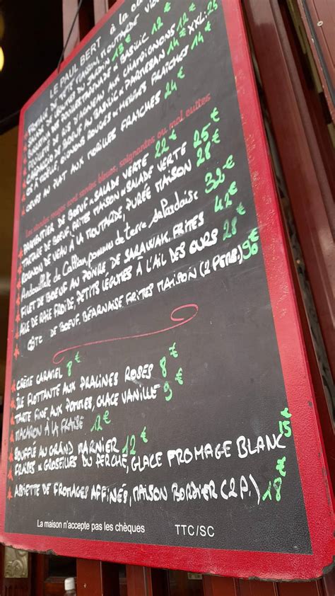 Menu at Bistrot Paul Bert restaurant, Paris