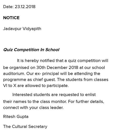 Write a notice for the school notice board, informing the students ...