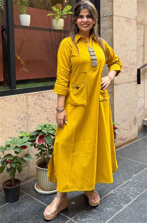REZAAR- Mustard Yellow Shirt Style Pocket Dress - Ishnya