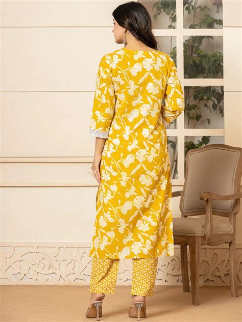 Mustard Embroidery Cotton Straight Kurta Dupatta Set – Yufta Store