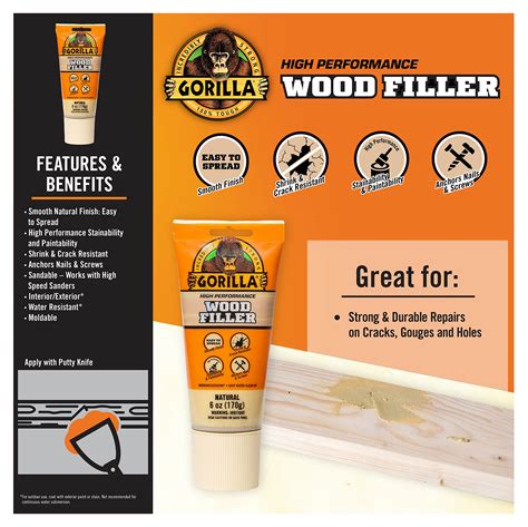 Snapklik.com : Gorilla All Purpose Wood Filler, 6oz Tube, Natural