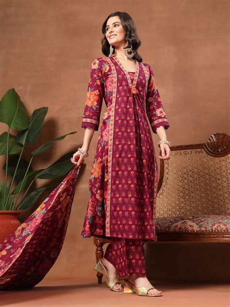 Cotton Calf Length Printed 3/4 Sleeves V-Neck Flared Kurta Suit Set ...