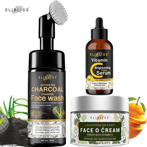 Elibliss Charcoal Face Wash, Vitamin C Serum, and Face Cream for Clear ...