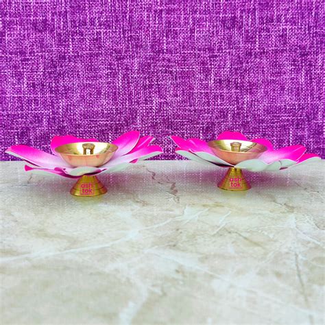 Brass Kamal Diya, Pink Colour Akhand Diya, Decorative Diwali Diya – Ashtok
