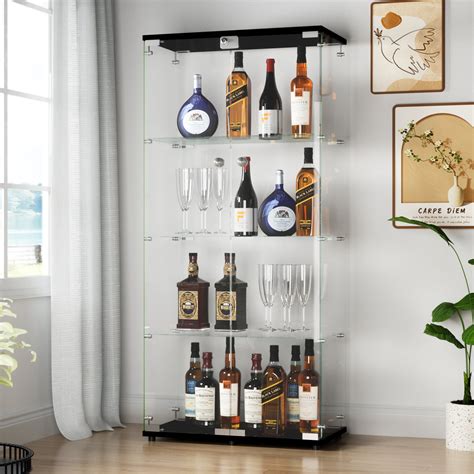 Homein 64.8"H 4 Shelf China Cabinet With Two Doors Tempered Glass Curio ...