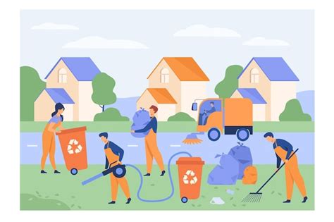 Pracownicy sprzątający zbierający śmieci na podmiejskiej ulicy, myjący ...