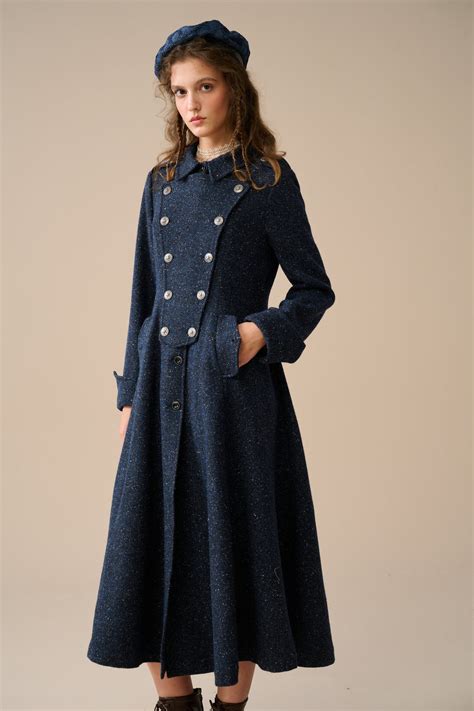 Women's Double Breasted Wool Coat in Blue, 100% Wool Coat, Maxi Wool ...