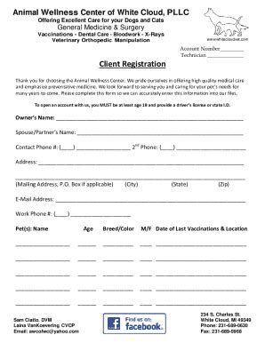 Fillable Online Animal Wellness Center Client Registration Fax Email ...