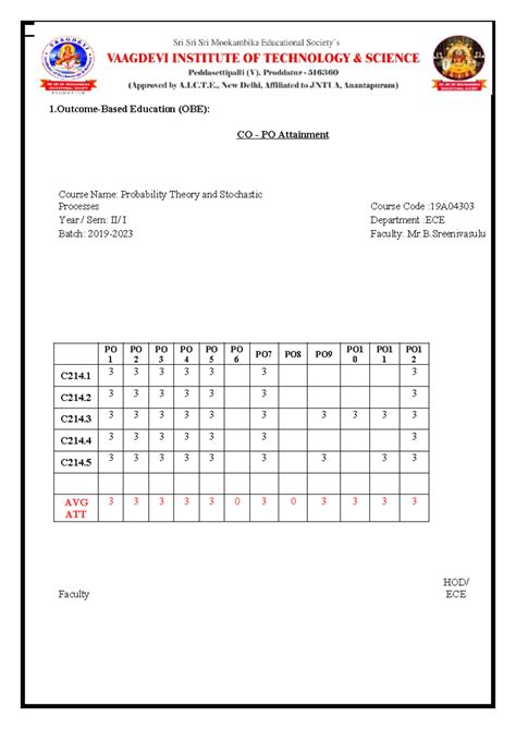 CO PO Attainment Report for Probability Theory (19A04303) - I Sem - Studocu