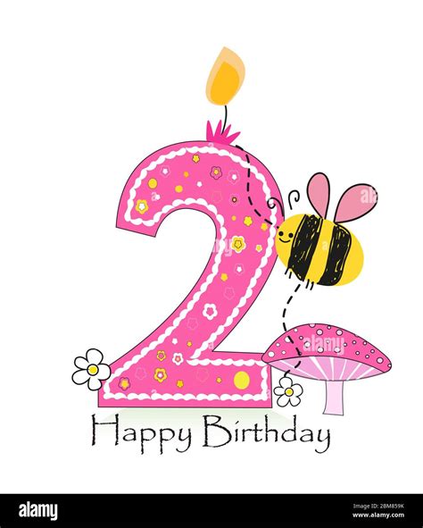 Happy second birthday candle. Baby girl greeting card with bee and ...