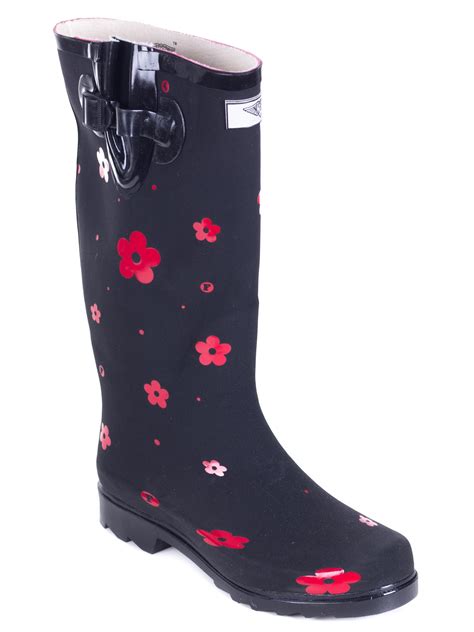 Women Rubber Rain Boots with Cotton Lining, Red Flower Matte Design ...
