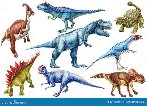 Realistic Dinosaur Set Isolated White Background. Hand Painted ...