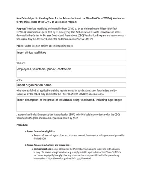 Fillable Online Non Patient-Specific Standing Order for the ...