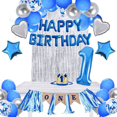 Blue And Silver First Happy Birthday Banner Decorations Combo- 59Pcs S ...