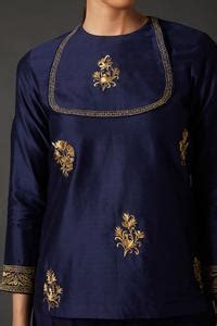 Buy Blue Cotton, Chanderi Silk Floral Round Short Tunic For Women by ...