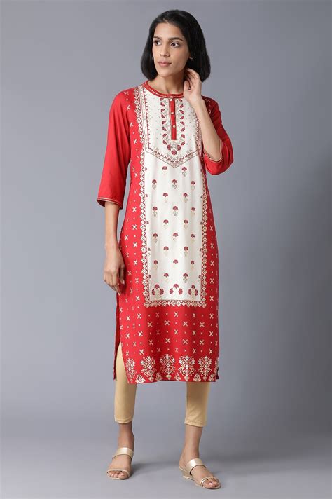 Buy Red Mandarin Collar Foil Print kurta Online for Woman | Shop for ...