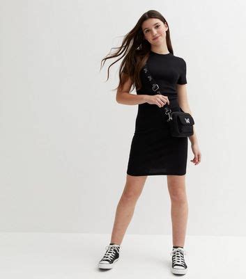 Girls Black Ribbed Jersey Cap Sleeve Mini Dress | New Look