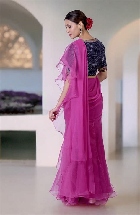 Magenta Ruffle Saree with Banarasi Brocade Hand Embroidered Blouse ...