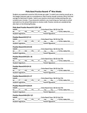 Fillable Online Pizitz Band Practice Record-? 4th Nine Weeks - Pizitz ...