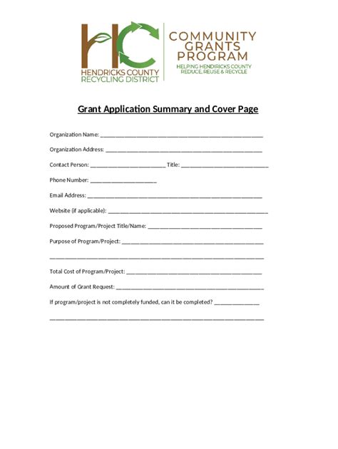 Grant Application Summary and Cover Page Doc Template | pdfFiller