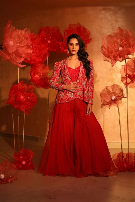 Radiant Red Plazzo Set With Embroidered Jacket