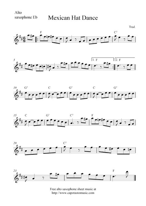 Mexican Hat Dance, free alto saxophone sheet music notes