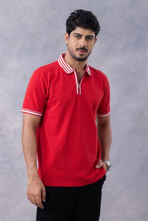Red Self Design Pique Zipper Polo T-Shirt – Gritstones