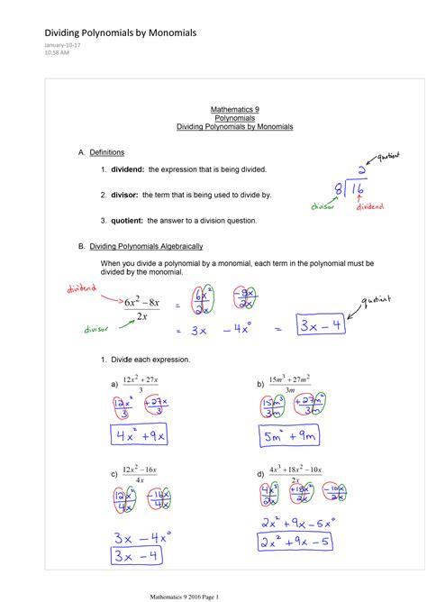 Dividing Polynomials By Monomials Worksheet Polynomials And Exponents.
