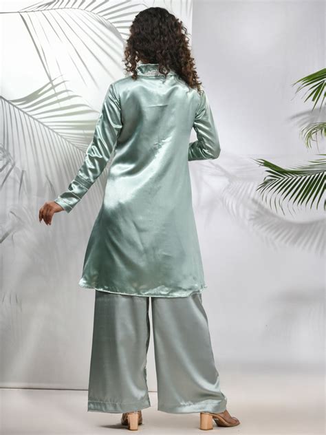Sage Green Satin Co-ord Set With Beads Work – Charukriti
