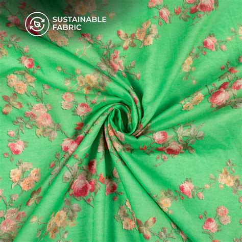 Cool Green Floral Digital Print Pure Cotton Mulmul Fabric – Fabcurate