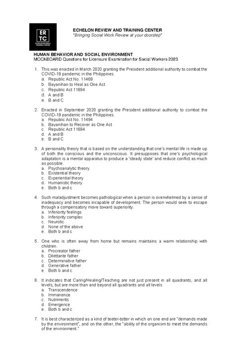 HBSE Questionnaires - ECHELON REVIEW AND TRAINING CENTER “Bringing ...