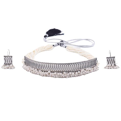 Filigree Pearl Choker Set – Elegant Silver | House of Aadyaa