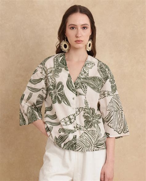 Rareism Women's Ronil Beige Cotton V-Neck Floral Print Raglan Sleeve C