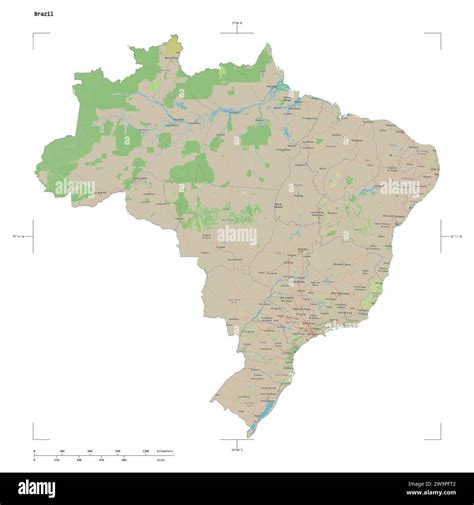 Shape of a topographic, OSM standard style map of the Brazil, with distance scale and map border ...