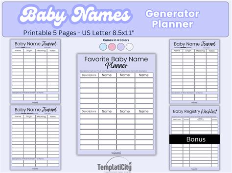 Baby Names Generator Planner Printable Bundle | 3 Colors | Male, Female, Neutral Gender Names ...