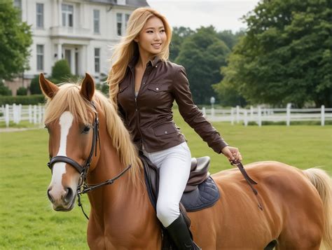 Asian Model with Perfect Teeth Riding a Brown Horse Towards British ...