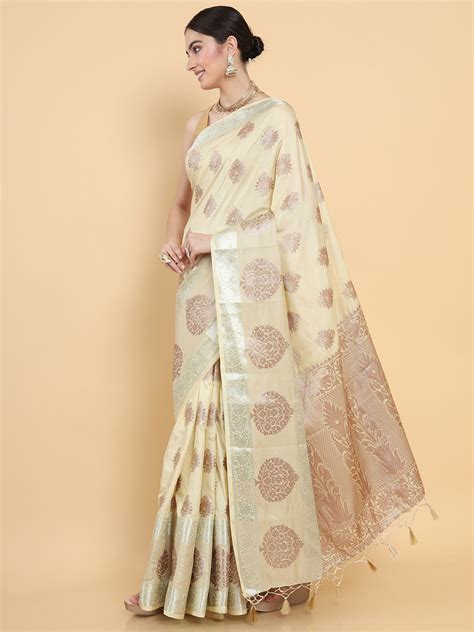 Mimosa Womens Art Silk Saree Kasavu Cream Color – http://mimosa.in/