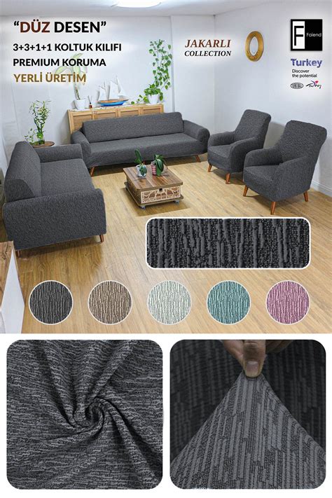 Faiend Jakarlı 3 3 1 1 Antrasit Lastikli Kanepe Örtüsü | Lastikli ...