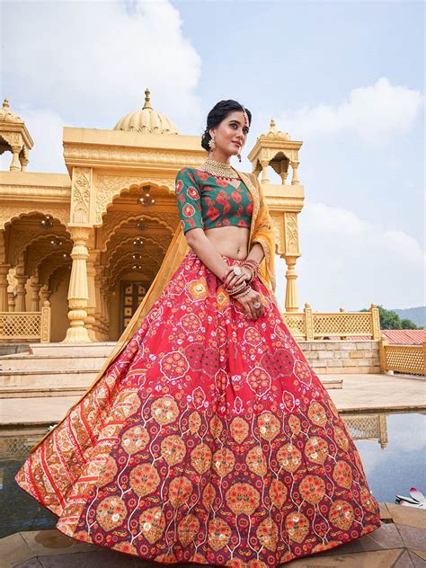Red Color Printed Vaishali Silk Lehenga Choli Set