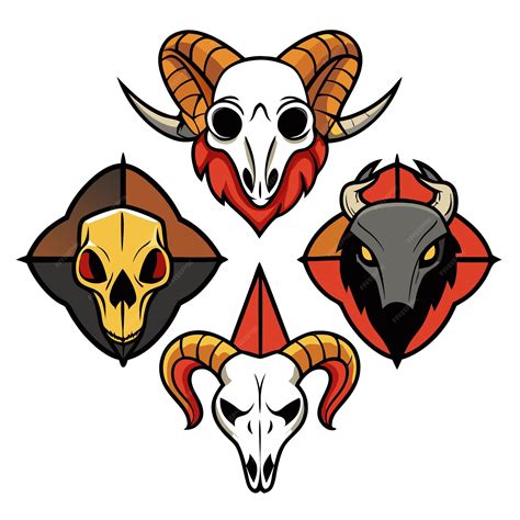 Skull emblems horned skulls and badge designs | Premium Vector